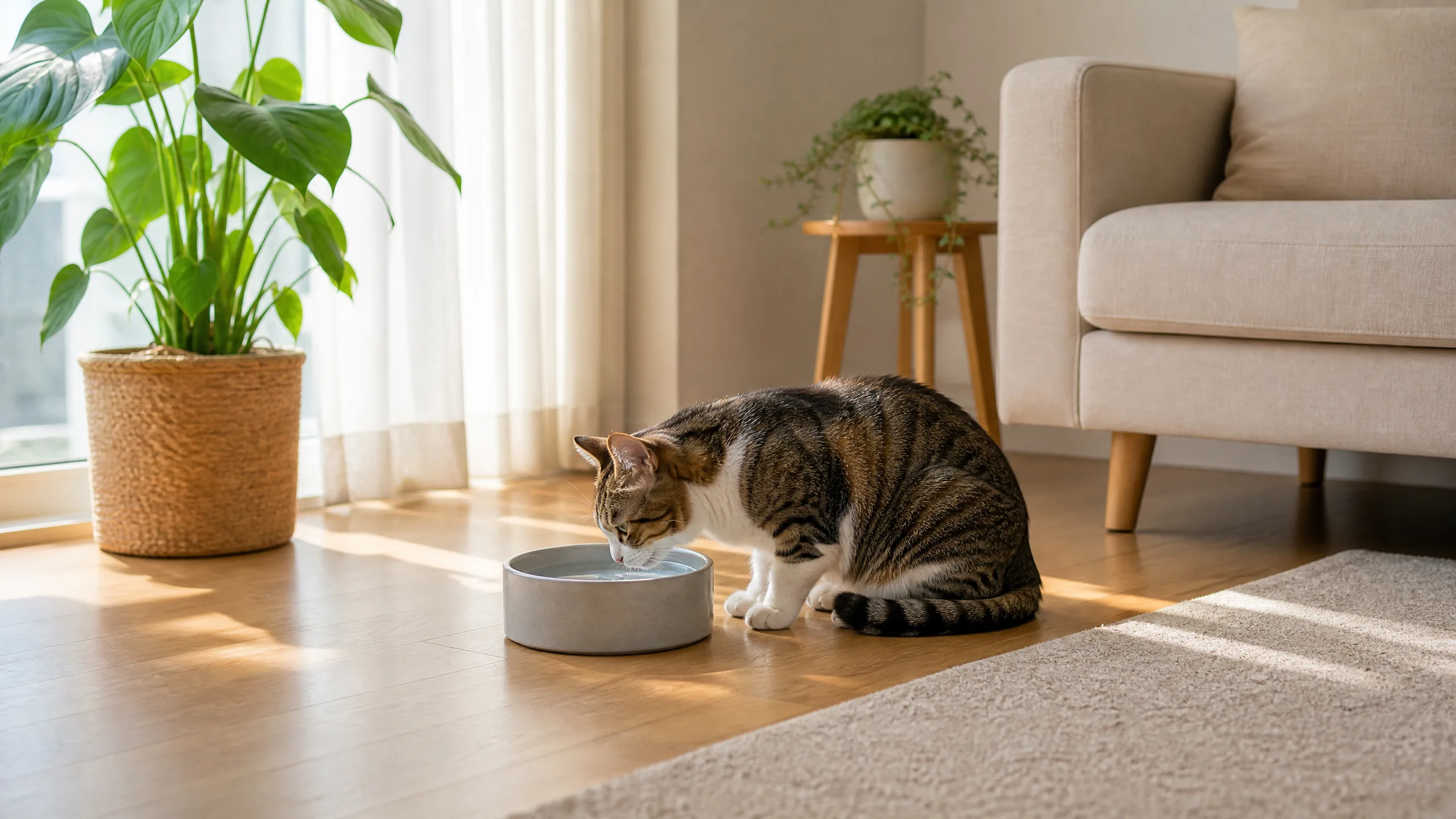 깨끗한 물그릇 옆의 고양이